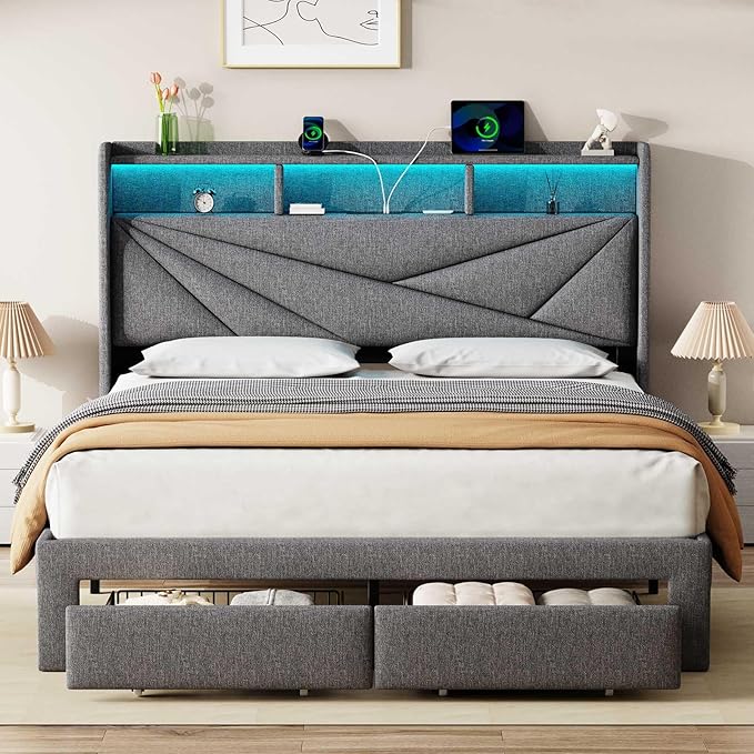 Driftalia LED Full Size Bed Frame with 2 Storage Drawers, Upholstered Full Bed Frame with Headboard and Charging Station, No Box Spring Needed, Easy to Assembly-Light Grey
