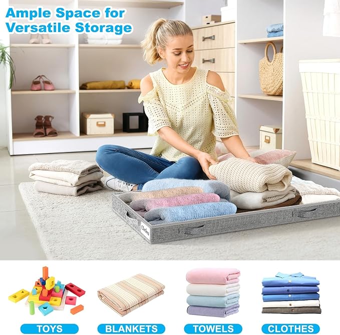 4 Inch Low Profile Under Bed Storage Drawer 4 Pack, Lightweight Underbed Clothes Storage Container Bins With NO STURCTURE, Shallow Storage Bag for Dorm & Home, With Clear Lids & Water-Resistant Fabric