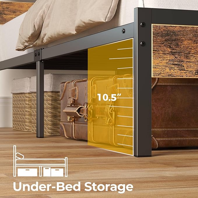 Rolanstar Bed Frame Twin Size with USB Charging Station, LED Bed Frame with Wood Storage Headboard, Rustic Brown Metal Platform Bed with Under Bed Storage, No Box Spring Needed, Noise Free