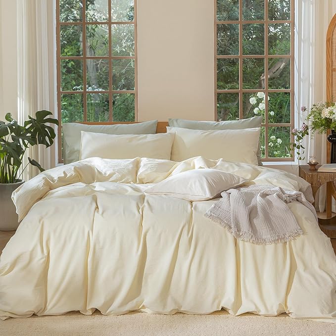 MooMee Bedding Duvet Cover Set 100% Washed Cotton Linen Like Textured Breathable Durable Soft Comfy (Solid Cream, Queen 90"x90")
