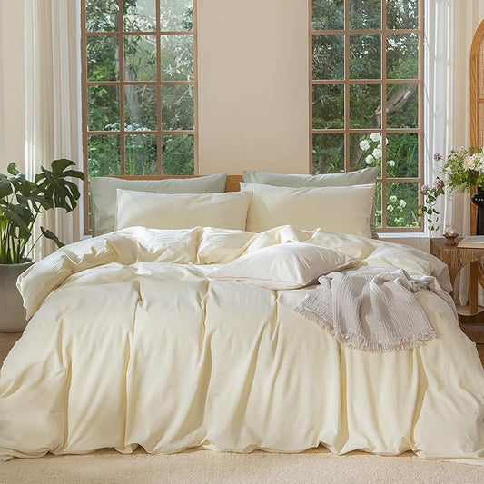 MooMee Bedding Duvet Cover Set 100% Washed Cotton Linen Like Textured Breathable Durable Soft Comfy (Solid Cream, Palatial King/Oversized King 120"x90")