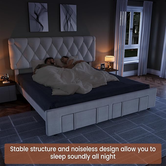 GarveeHome King Size Bed Frame, Upholstered Platform Bed Frame with Storage Drawers, Mattress Foundation with Solid Wooden Slats Support, No Box Spring Needed, Beige