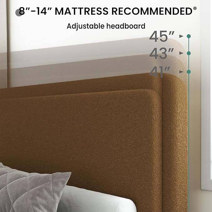 Full Size Boucle Upholstered Bed Frame with Adjustable Headboard, Cloud Platform Bed, Solid Wooden Legs, No Box Spring Needed, Easy Assembly, Brown