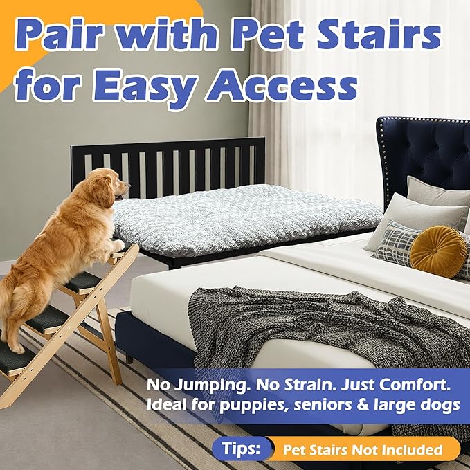 Heavy Duty Dog Bunk Bed, Adjustable Height Metal Dog Bed Frame with Wooden Side Panels & Washable Cushions, Elevated Raised Pet Bed for Large Dogs, 48.5''x 30.5''