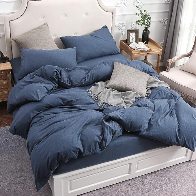 PURE ERA Jersey Knit Duvet Cover Set 100% T-Shirt Cotton Super Soft Comfy 3pc Bedding Set with Zipper Closure (Heather Navy Blue, Oversized Queen)