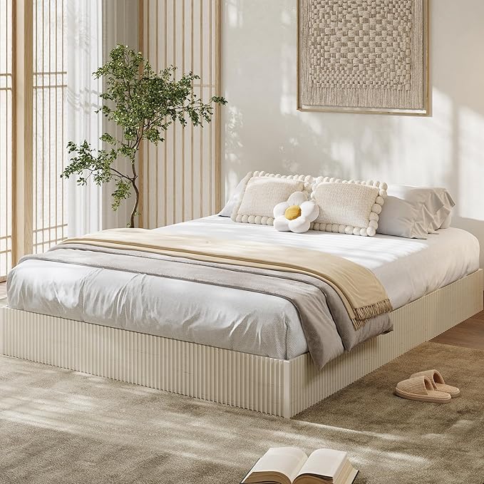 Garvee Queen Bed Frame, Wood Platform Bed with Fluted Design, Low Profile BedFrame, Minimalist Bed Base with Noise-Free, Easy Assembly, No Box Spring Needed, Cream