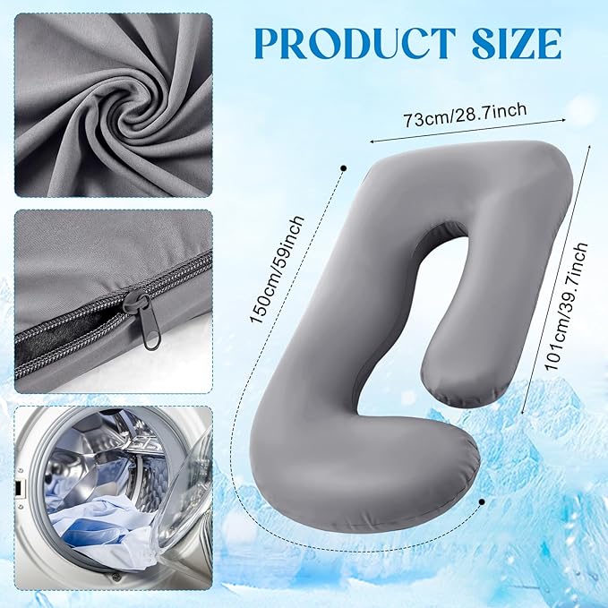 Hahafelt Cooling Pregnancy Pillow Cover (Only Pillowcase) 59 Inch Large J Shaped Full Body Pillowcase Maternity Stretchy Soft Breathable Cool Pillow Cover with Zipper for Side Sleeper (Dark Gray)