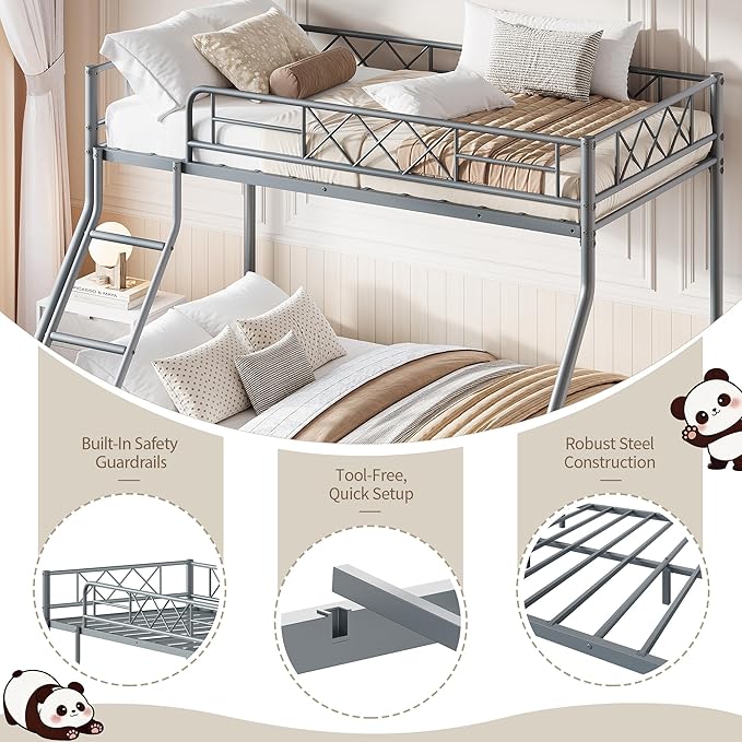 Garvee Twin Over Full Metal Bunk Bed, Heavy Duty & Sturdy Construction for Quiet Use, Includes Ladder & Guardrails, No Box Spring, Space Saver, Gray