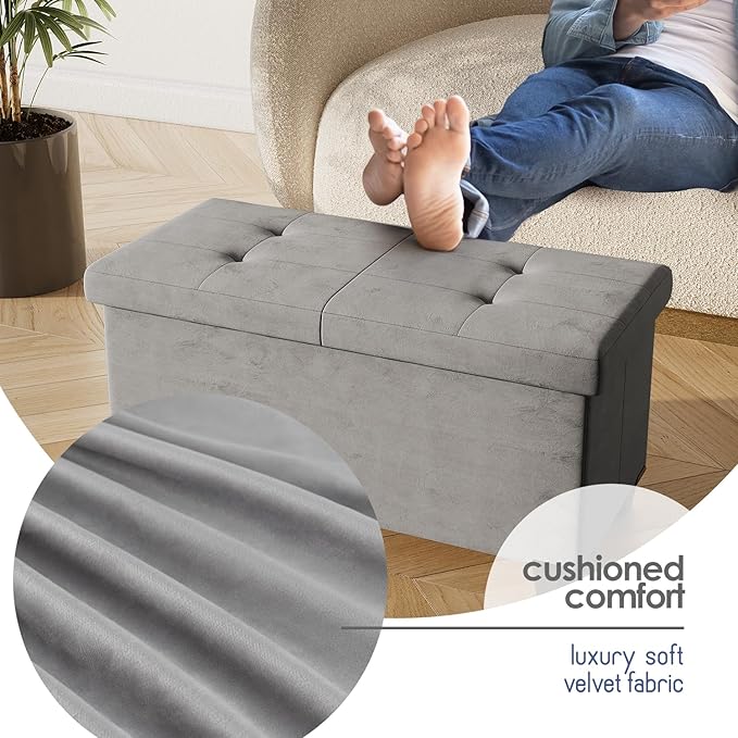 Storage Ottoman Bench with Bins, 30-in Storage Bench for Bedroom End of Bed, Folding Foot Rest Ottoman for Living Room Max 660lbs, Velvet Ottomans, Light Grey