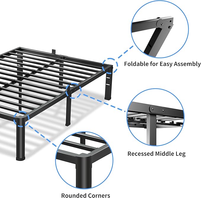 VIPSHOW 14 Inch Queen Bed Frame, 3500Lbs Heavy Duty Metal Platform with Round Corner Legs Mattress Slide Stopper, Steel Slat Support No Box Spring Needed, Noise Free, Non-Slip, Easy Assembly