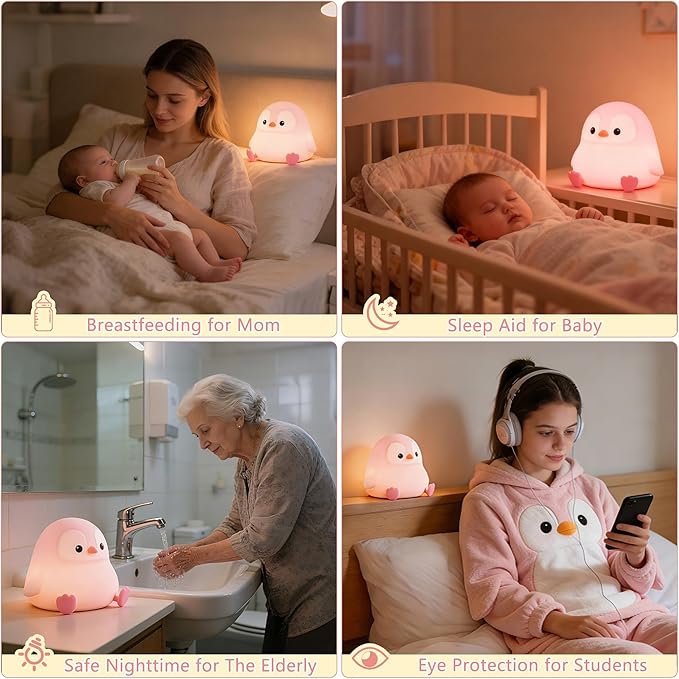 Penguin Night Light for Kids,Cute Pink Penguin Lamp,Soft Silicone Nursery Night Light,LED Squishy Novelty Animal Bedside Lamp,Rechargeable/Dimmable/Timer,Room Deco,Christmas Gifts for Mom Girls Baby