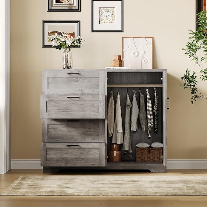 GarveeHome Multifunctional Wooden Dresser for Bedroom, 43.3 in H 2 Door Wardrobe Armoire Closet with 4 Drawers and Hanging Rod, Low Storage Cabinet for Hanging Cloth, Gray