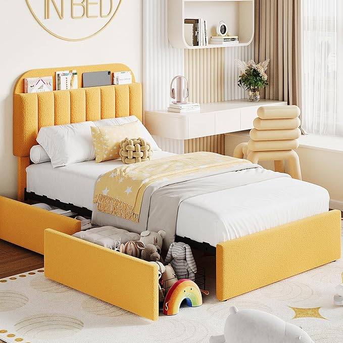 Garvee Twin Size Bed Frame with 2 Flexible Drawers, Boucle Upholstered Platform Bed Frame with Bookcase Headboard, Bedframe for Kids/Girls, Easy Assembly, No Box Spring Needed, Noise Free, Yellow