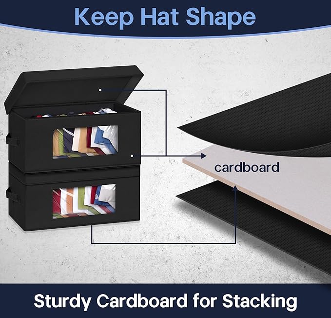 SLEEPING LAMB Stackable Hat Organzier for Baseball Caps, 2 PCS Hat Storage Boxes for Closet Hold 30 Caps with Cardboard, Black