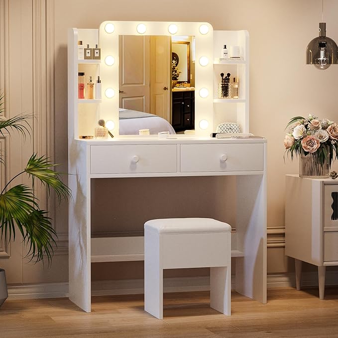Haewon White Vanity Desk with Mirror and Lights, Makeup Vanity with 10 LED Bulbs and 3 Color Modes, Dressing Table Set with Power Outlets, Storage Drawers and Chair for Bedroom