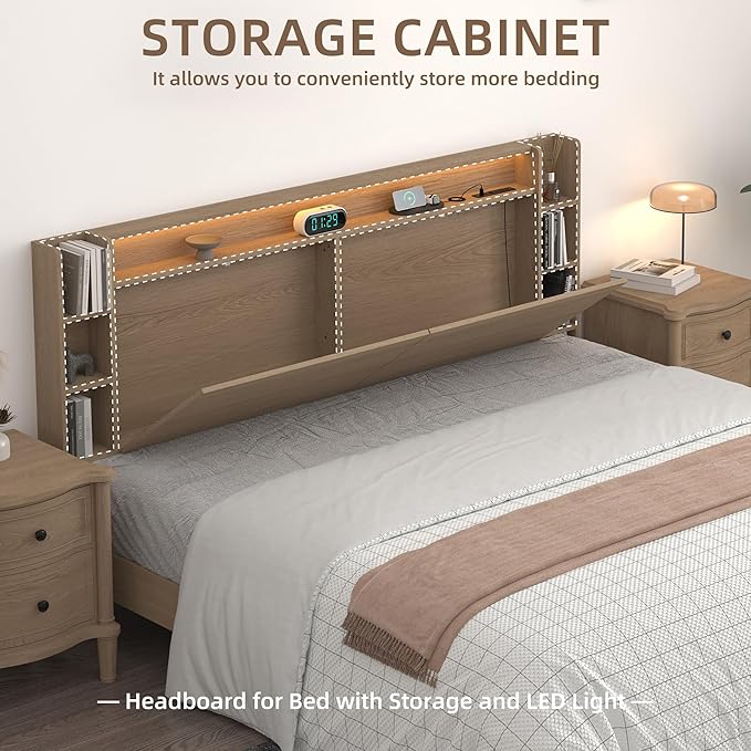 King Headboard Only with Shelves Storage, Headboards with Charging Station 2 USB Ports and LED Light,Sturdy and Stable Modern Sturdy and Stable Wood Bed Board (Natural Oak, King) | Solid wood leg, chargestation, Storage