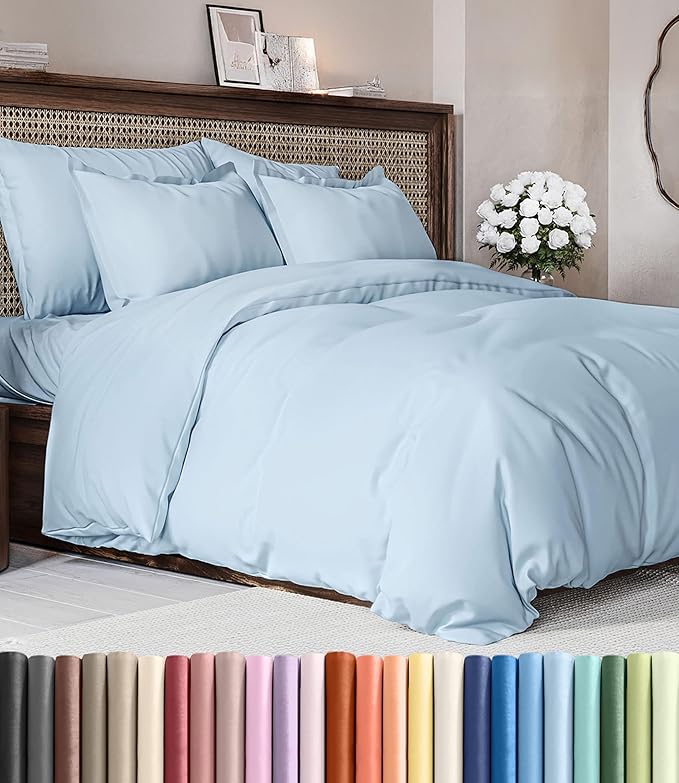 Duvet Cover Full Size Set - Extra Soft Full Duvet Cover 80" x 90" with 2 Pillow Shams - Hotel Luxury, Easy Care & Fade Free w/ Zipper Closures & Ties - All Season, Comfy and Breathable (Light Blue)