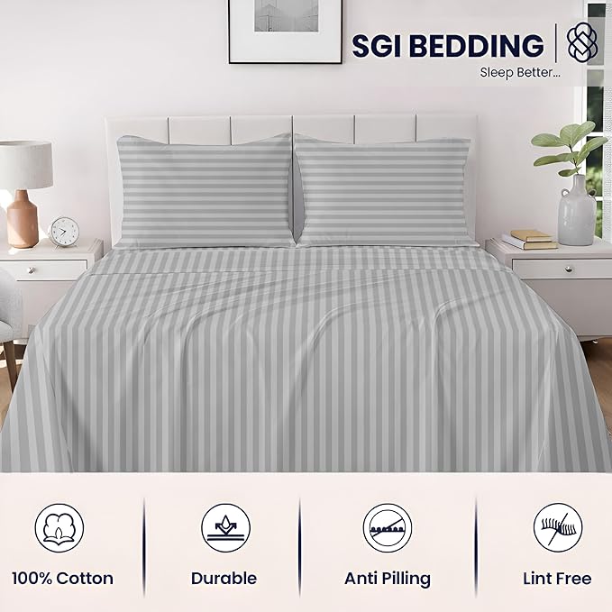 SGI bedding 100% Egyptian Cotton Sheets Full Size – 600 Thread Count Sheets Set, Soft, Cooling, 15" Deep Pocket, Luxury Hotel Bedding, Breathable, Durable - Light Grey Stripe