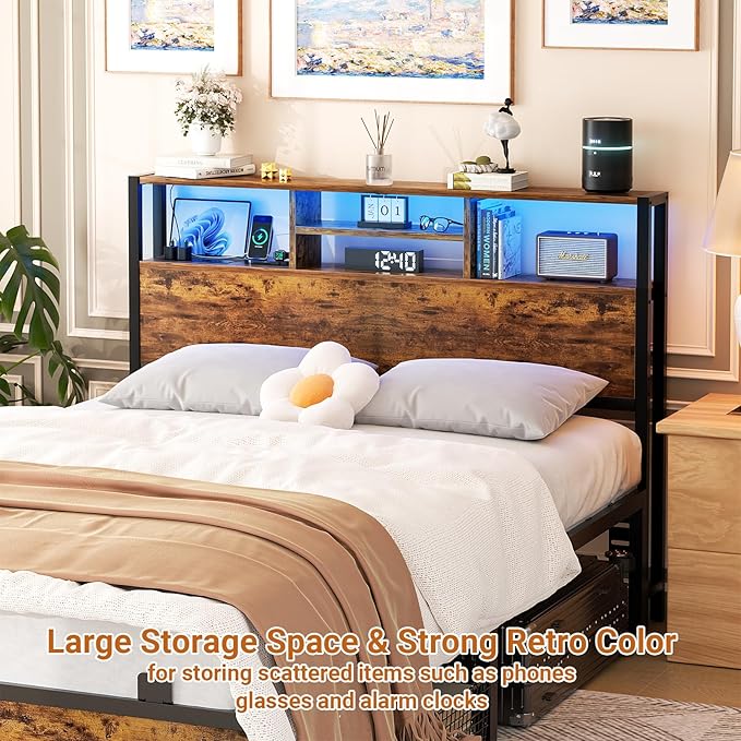 Aheaplus Headboard for Full Size Bed with Storage, Headboards with Outlets, USB Ports and LED Light, Full Size Head Board, Height Adjustable, Reversible, Sturdy and Stable Headboard, Rustic Brown