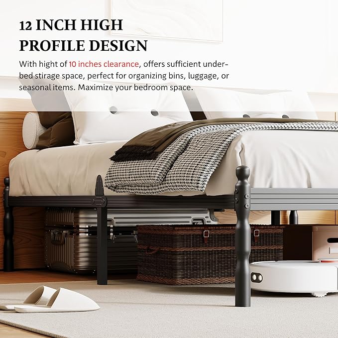 ZIYOO 12 Inch Full Size Metal Platform Bed Frame - 1000LBS Heavy Duty, Anti-Slip, Noise-Free No Box Spring Needed, Vintage Steel Frame for Bedroom (Vintage Black)