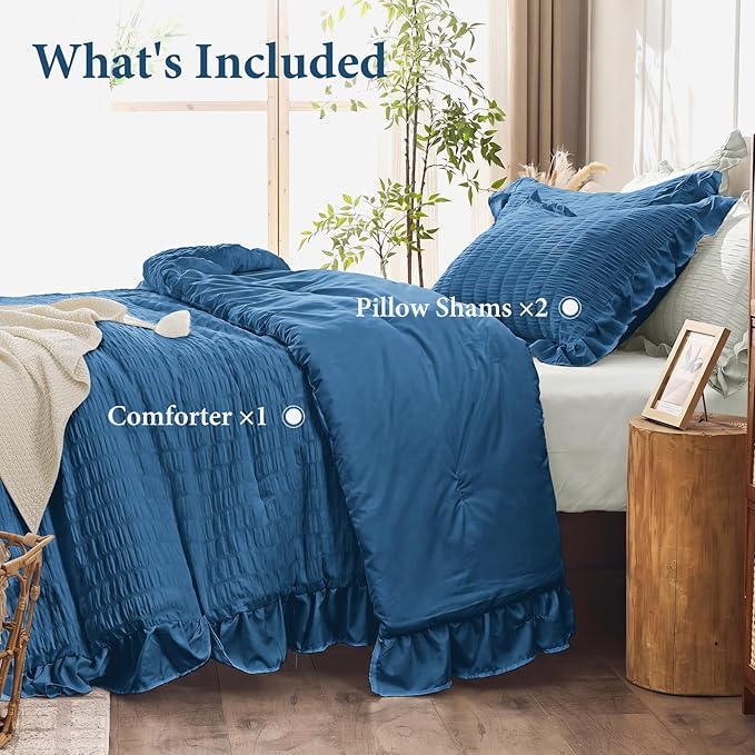 JOLLYVOGUE Teal Queen Comforter Set, 3 Pieces Seersucker Comforters Queen Size, Lightweight & Fluffy Bedding Sets Queen for All Season with 1 Ruffle Comforter and 2 Ruffle Pillowshams