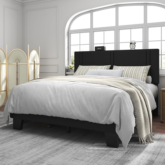 Feonase Full Size Platform Bed Frame, Fabric Upholstered Full Bed Frame, Solid Wood Slats & Heavy Duty Feet Support, No Box Spring Needed, Noise-Free, Easy Assembly, Black