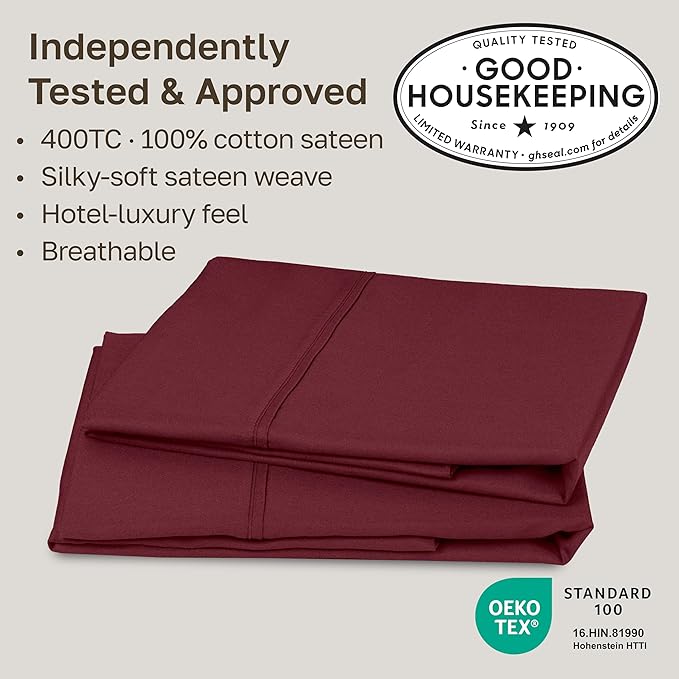 California Design Den King Size Pillowcase Set - 400 Thread Count, 100% Cotton Sateen, Set of 2 Pillow Covers, Soft and Breathable - Burgundy Red