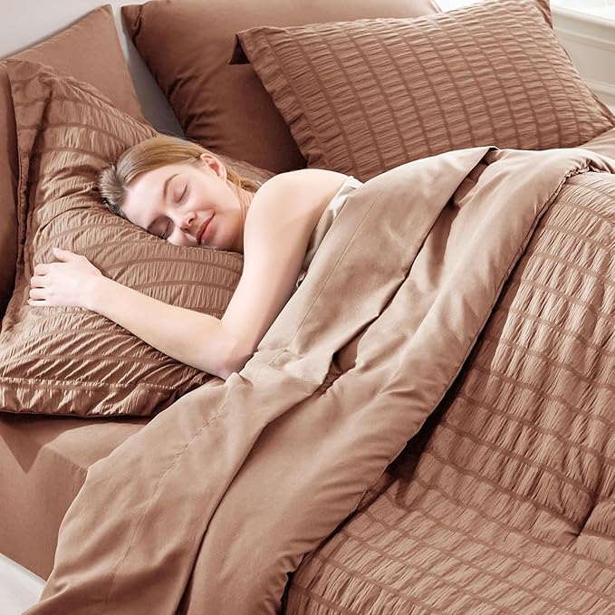 CozyLux Full Size Comforter Sets with Sheets 7 Pieces, Mocha Mousse Seersucker Bed in a Bag Textured Luxury Soft Bedding Set with Down Alternative Comforter, Sheets, Pillowcases & Shams for All Season