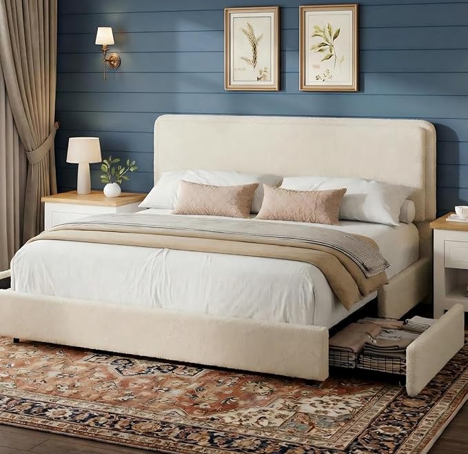 GarveeHome Bed Frame with 2 Storage Drawer, Teddy Fleece Thick Upholstered Platform Bed Frame with Adjustable Headboard, No Box Spring Needed, Cream Beige, King