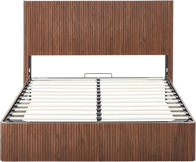 Bellemave Queen Lift Up Storage Bed, Walnut Wood Lift Up Bedframe Queen, Wooden Corrugated Curved Lines, Hydraulic Storage,Walnut