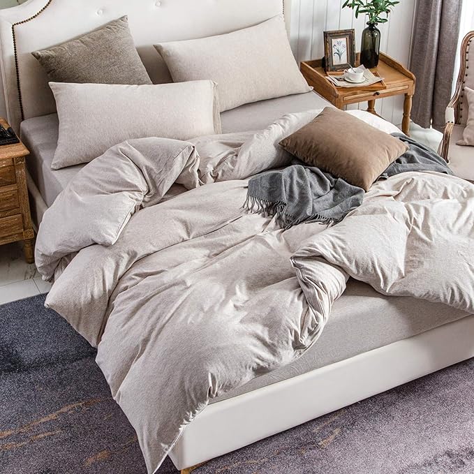 PURE ERA Jersey Knit Duvet Cover Set 100% T-Shirt Cotton Super Soft Comfy 3pc Bedding Set with Zipper Closure (Heather Beige, Queen)