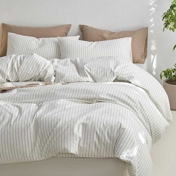 MooMee Striped Duvet Cover Set 100% Washed Cotton Linen Like Textured Breathable Durable Soft Comfy (White Sage Green Wide Stripes, Queen 90"x90")