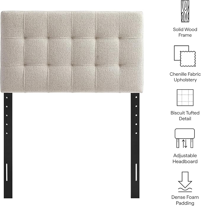 Modway Lily Twin Size Headboard with Biscuit Tufting in Dove - Fabric Upholstery with Padded Design and 5 Height-Adjustable Mounts
