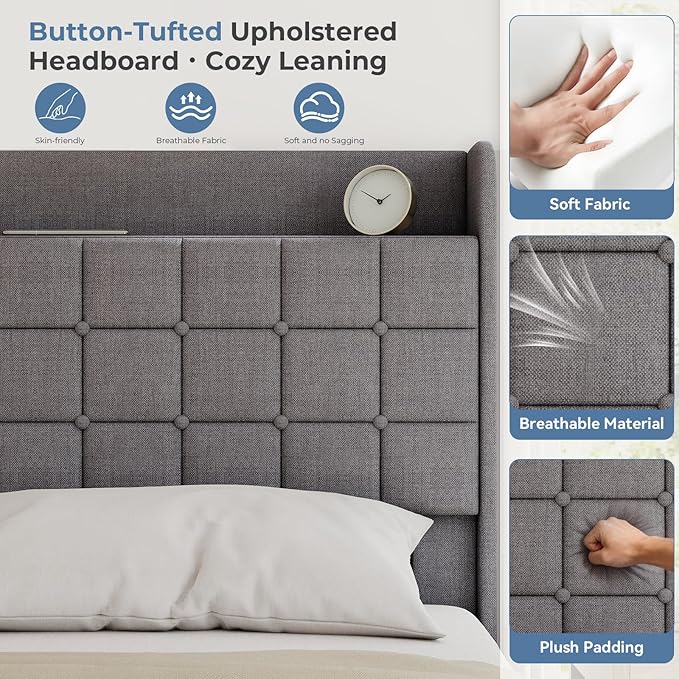 DUMOS Queen Size Upholstered Platform Bed Frame, Queen Bed with Storage Drawers and Fabric Headboard, Wooden Slats Support, 882 lbs Weight Capacity, No Box Spring Needed, Easy Assembly, Gray