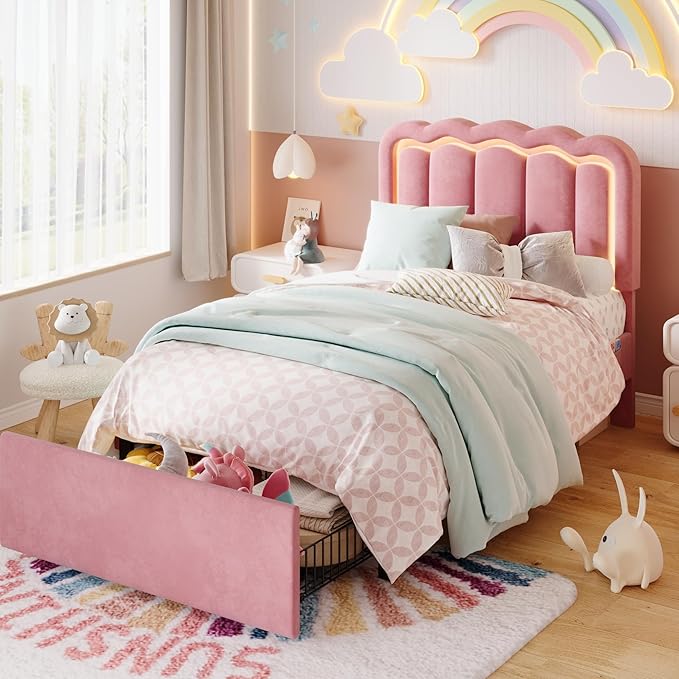 SHA CERLIN Upholstered Twin Size Bed Frame with LED Lights and Large Storage Drawer, Velvet Platform Bed with Adjustable Wavy Headboard, Noise Free, Easy Assembly, No Box Spring Needed, Soft Pink