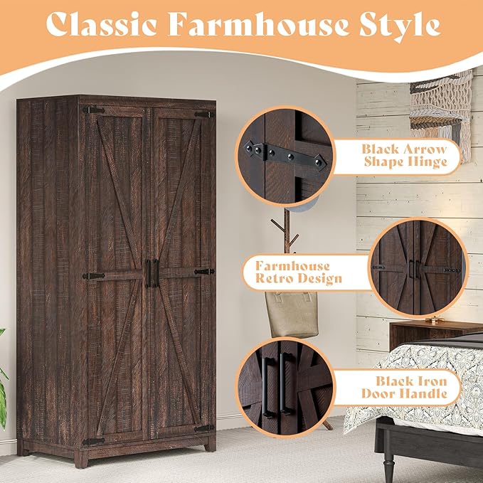 AMERLIFE Set of 2 Farmhouse Armoire Wardrobe Closet with 2 Barn Doors, 71'' Storage Cabinet with Shelf & Hanging Rod, Versatile Clothing Storage for Bedroom, Espresso