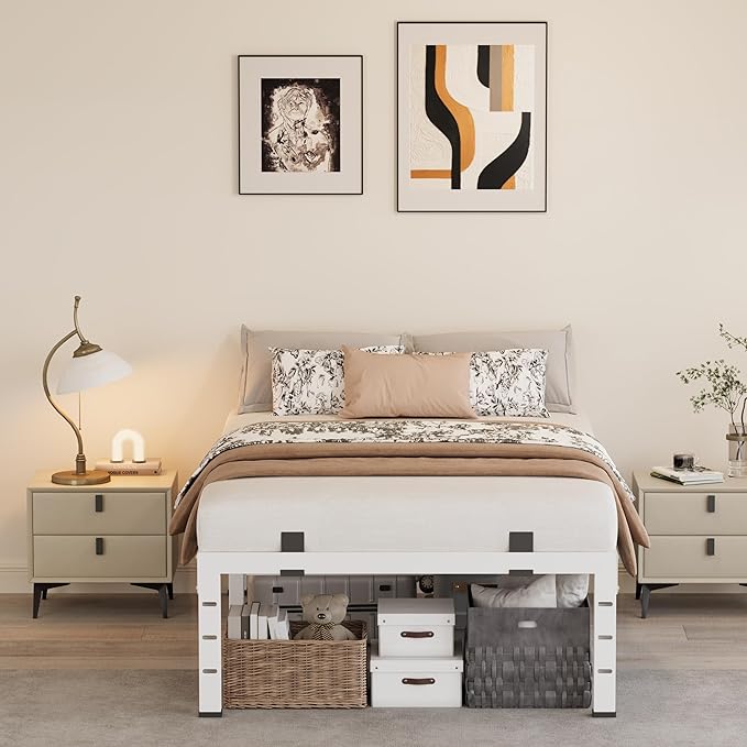 14 Inch Twin Bed Frames, Heavy Duty Metal Platform 3500 lbs Capacity, No Box Spring Needed, 6 Mattress Slide Stopper, Headboard Holes, Noise-Free, Easy Assembly, White