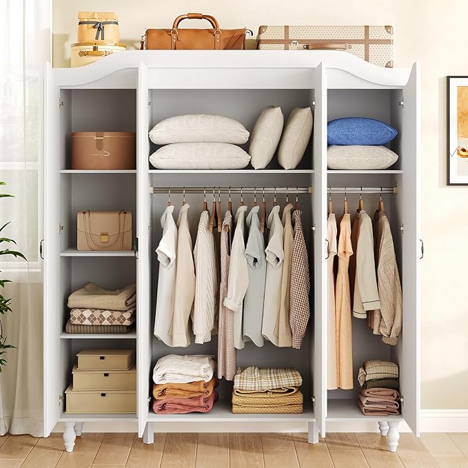 Arched Armoire Wardrobe Closet with 4 Doors, 71" H Wooden Large Capacity Wardrobe Cabinet with 2 Hanging Rods and 8 Shelves, Freestanding Armoire Storage Cabinet for Bedroom, Cloak Room, White
