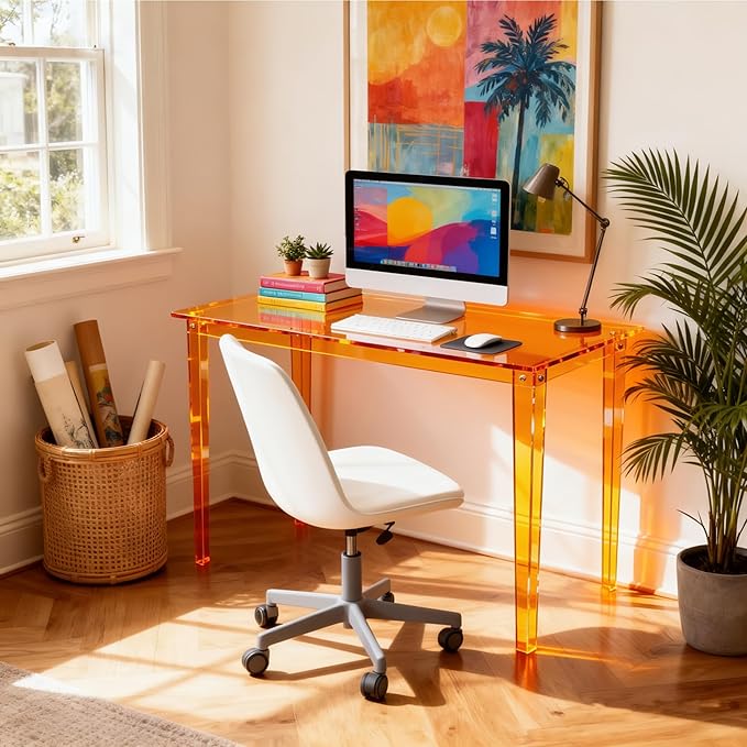 Acrylic Desk, Clear Modern Writing Table for Home Office (Orange, Nomal)