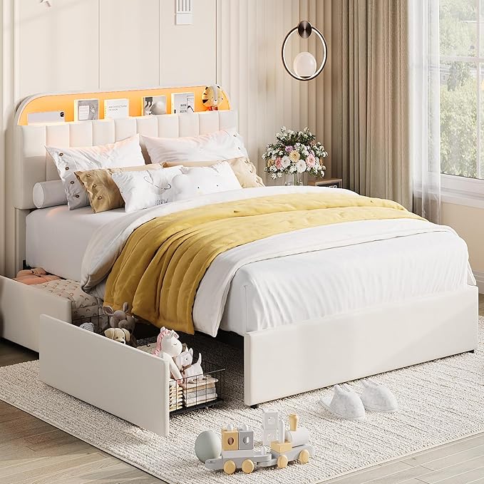 Garvee Queen Size Bed Frame with 2 Flexible Drawers, Velvet Upholstered Platform Bed Frame with Bookcase Headboard and LED Lights, Kids Bed for Girls, Easy Assembly, Noise Free, Beige