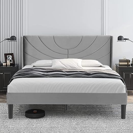 VECELO Upholstered Platform Queen Bed Frame with Fabric Headboard,Wooden Slats Support/No Box Spring Needed/Mattress Foundation,Dark Grey