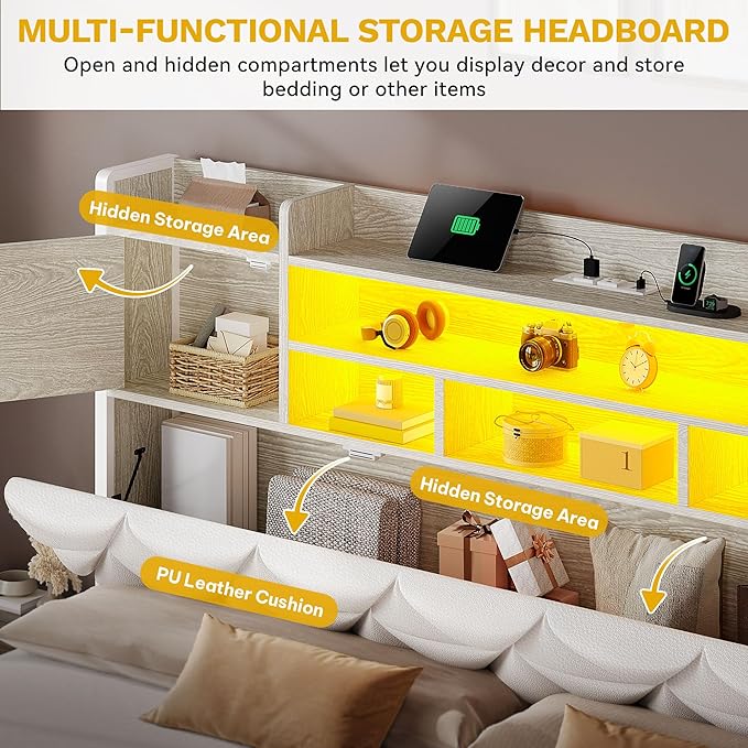 DWVO Queen Size Bed Frame with RGB LED Lights & Storage Bookcase Headboard, Upholstered Bed with Charging Station and 4 Drawers, No Box Spring Needed, Easy Assembly, Noise-Free, PU Leather White