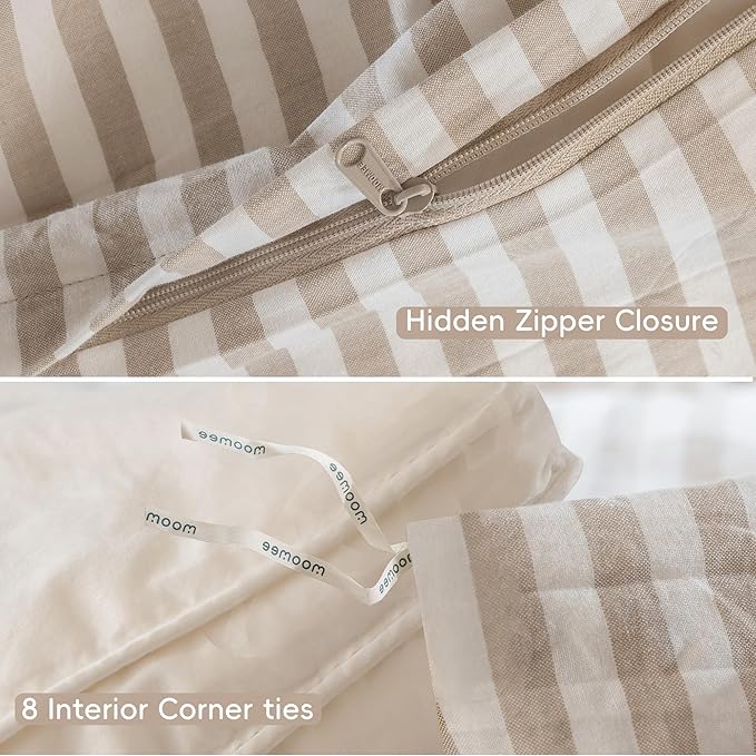 MooMee Striped Duvet Cover Set 100% Washed Cotton Linen Like Textured Breathable Durable Soft Comfy (Tannish Linen Grey White Classic Stripes, Super Queen 90"x98")