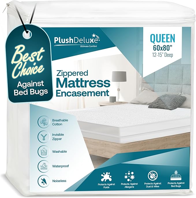 PlushDeluxe Premium 100% Waterproof Mattress Encasement, Breathable Soft Cotton Terry Surface (12"-15" Deep, Queen 60X80)