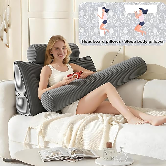 Headboard Pillow King, Large Triangular Wedge Cushion with Neck Roll Pillow for Reading Sitting Working, Backrest Positioning Support Bodypillow with Removable Washable Cover for Bed Dorm Sofa