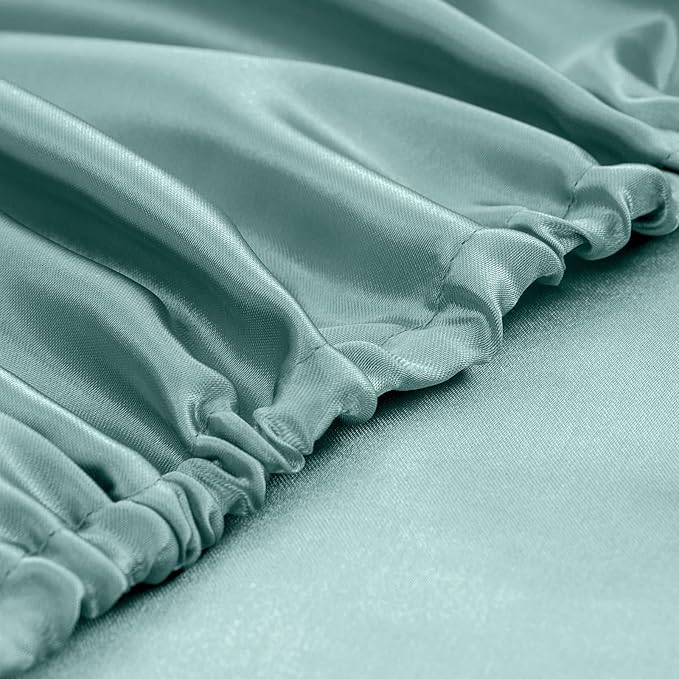 Homiest 4pcs Satin Sheets Set Luxury Silky Satin Bedding Set with Deep Pocket, 1 Fitted Sheet + 1 Flat Sheet + 2 Pillowcases (Queen Size, Greyish Green)