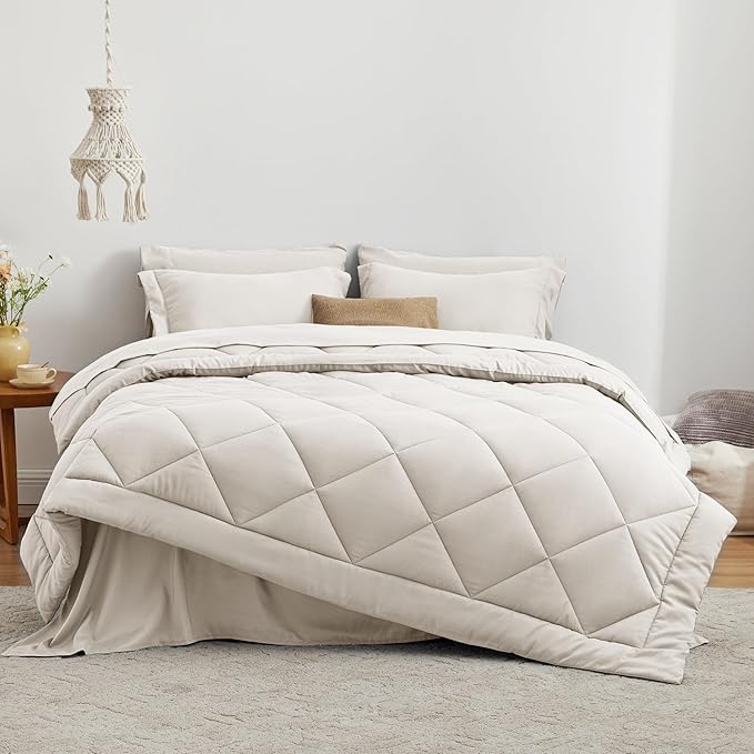 Love's cabin Twin Comforter Set Off White, 5 Pieces Twin Bed in a Bag, All Season Bedding Sets with 1 Comforter, 1 Flat Sheet, 1 Fitted Sheet, 1 Pillowcase and 1 Pillow Sham | Soft, Breathable, Lightweight, Comfortable
