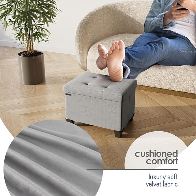 Storage Ottoman Cube with Small Bin, 16-in Square Ottoman with Storage for Living Room and Bedroom, Small Ottomans Foot Rest, Velvet Foot Stools Ottomans Max 330lbs, Light Grey