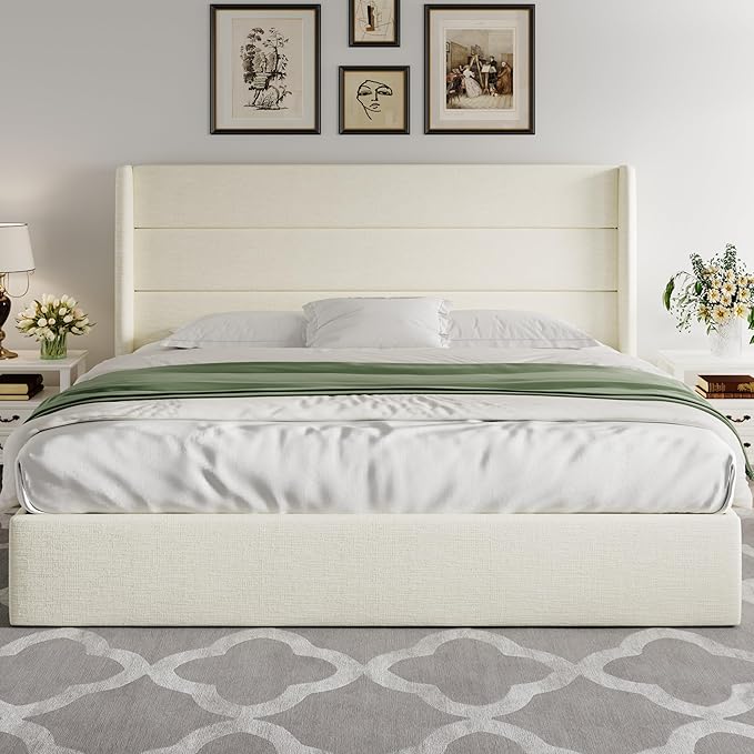 Allewie King Size Lift Up Storage Bed, Chenille Fabric Upholstered, Modern Wingback Headboard, Hydraulic Support, No Box Spring Needed, Cream White