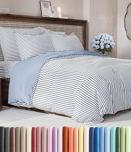 Duvet Cover Cal King Size Set - Extra Soft Cal King Duvet Cover 104" x 98" with 2 Pillow Shams - Hotel Luxury, Easy Care & Fade Free w/ Zipper Closures & Ties - Comfy, Cozy & Breathable (Blue Stripes)
